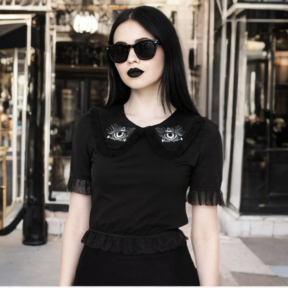 Jawbreaker Mood Gothic All-Seeing Eye Blouse Collar Occult Lace Trim Witchy Tee